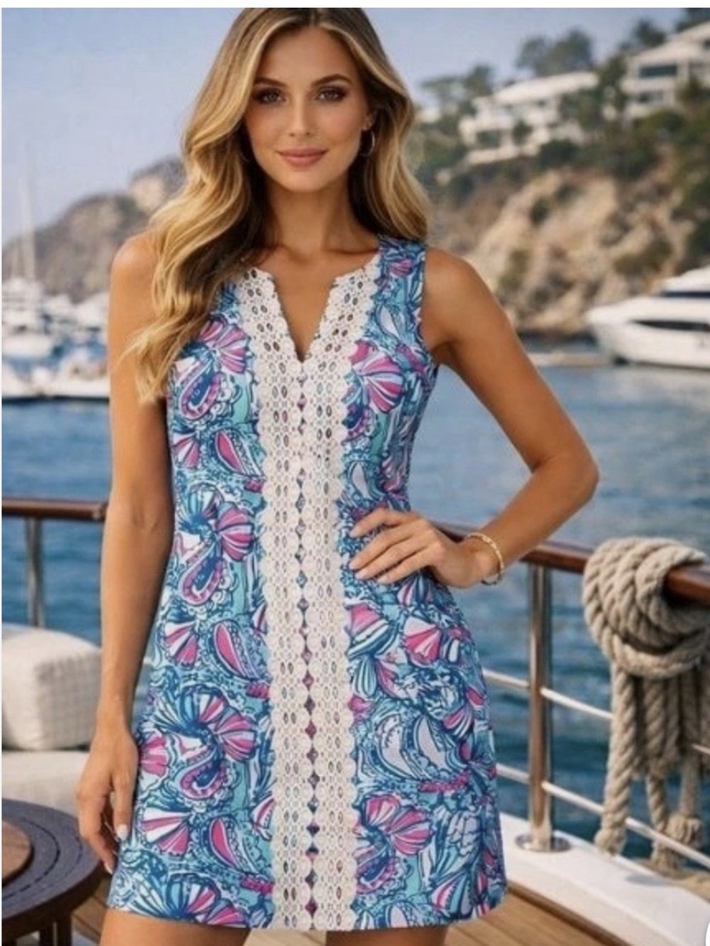 Lilly Pulitzer Blue and Pink Sleeveless Crochet-Trim Coverup